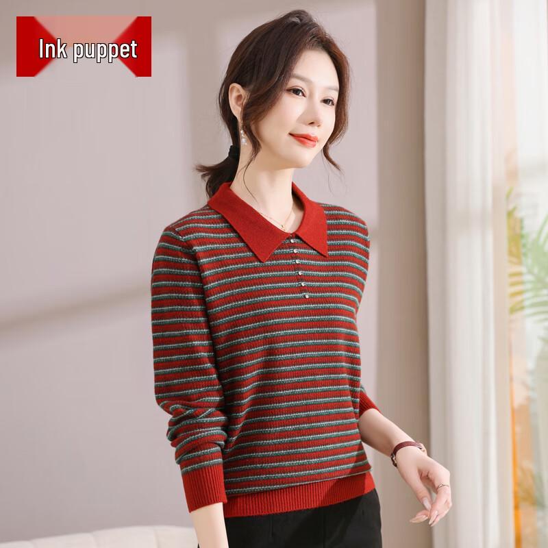 

Women s Striped Turn-Down Collar Knit Sweater XL