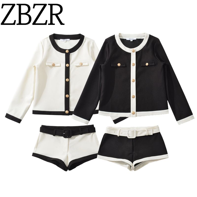 Zbzr Spring New Women clothes round Neck Long sleeve Age-Reducing Contrast Color Patchwork Jacket With Belt Shorts Set