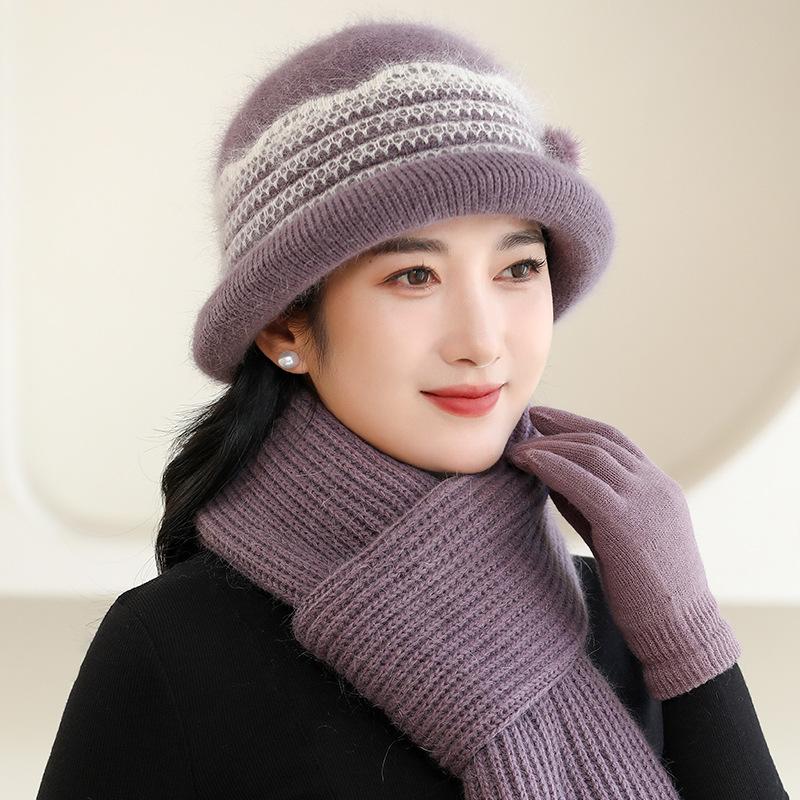 Winter Hat Women's Knitted Wool Hat Plush Thick Warm Faux Rabbit Fur Basin Hat