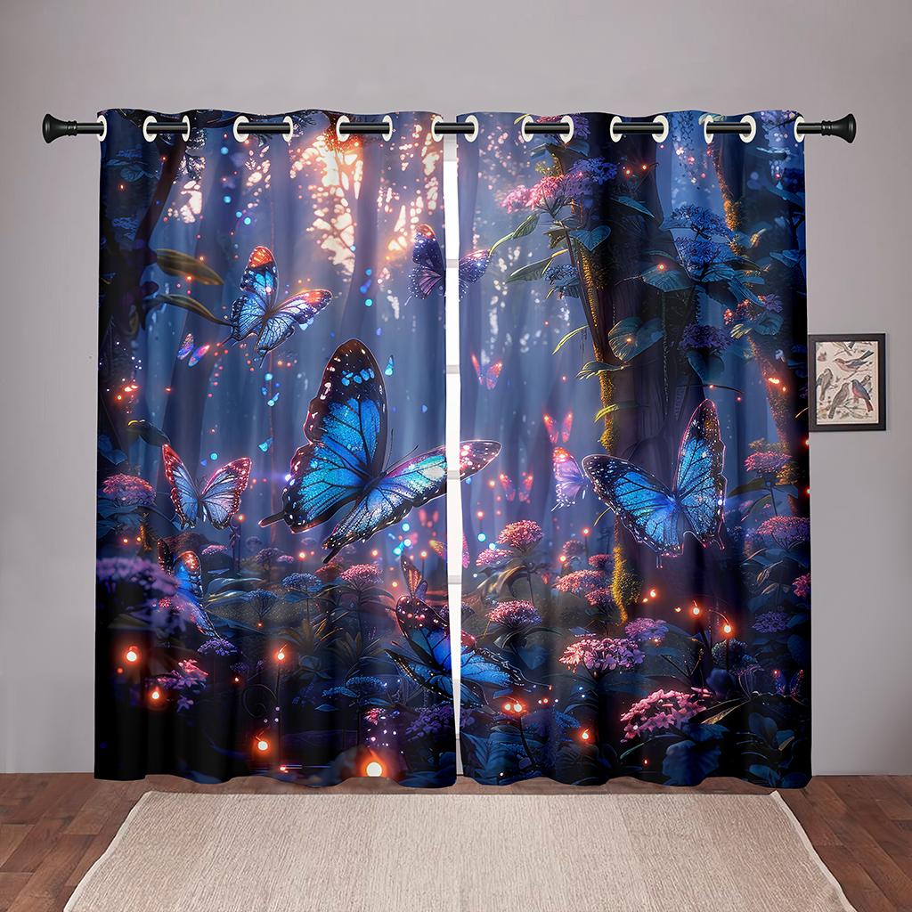 

2 шт. Волшебные шторы с бабочками 3D Night Glow Forest Print Спальня Гостиная Декор Красочные насекомые Фэнтези Пейзаж 50W130H(CM)X2PCS&Hook