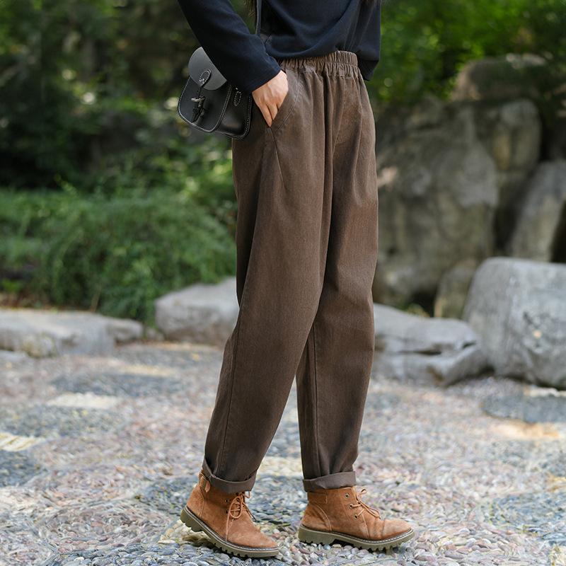 

Женские винтажные брюки Johnature с эластичной резинкой на талии, однотонные карманы, осенние брюки, повседневные мягкие женские прямые брюки XL кофейный