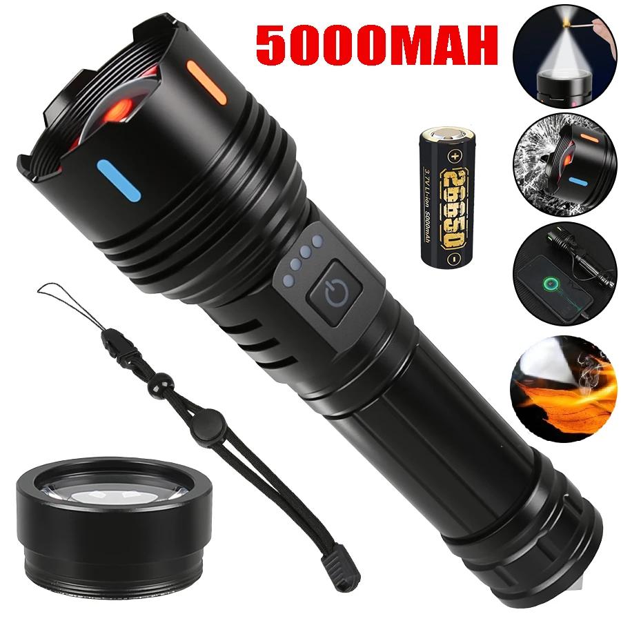 50W Christmas Lighting Powerful Flashlight Rechargeable LED Torch Use 26650 Emergency Supply for Outdoor Camping Night Fishing
