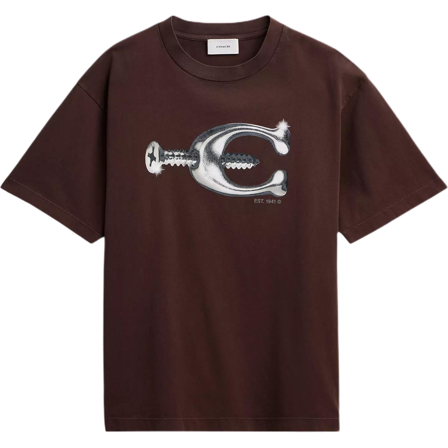 Coach Fitted Organic Cotton Ribbed Printed Crew Neck Short Sleeve T-Shirt Unisex Tops CEG92-BRN XS