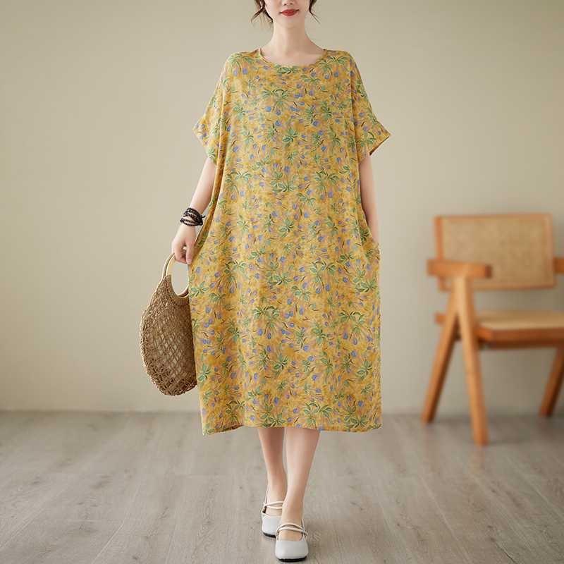 Summer New Yellow Floral Loose Thin Mid-length Temperament Dress Women