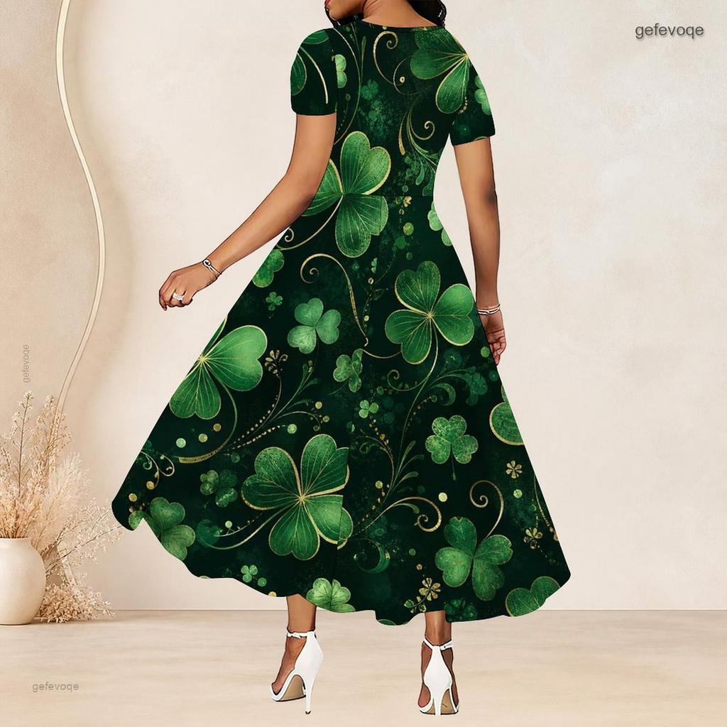 Women Plus Size Round Neck Short Sleeve Snowflake Printed Navy Blue Gathered Waist A Line Long Dress