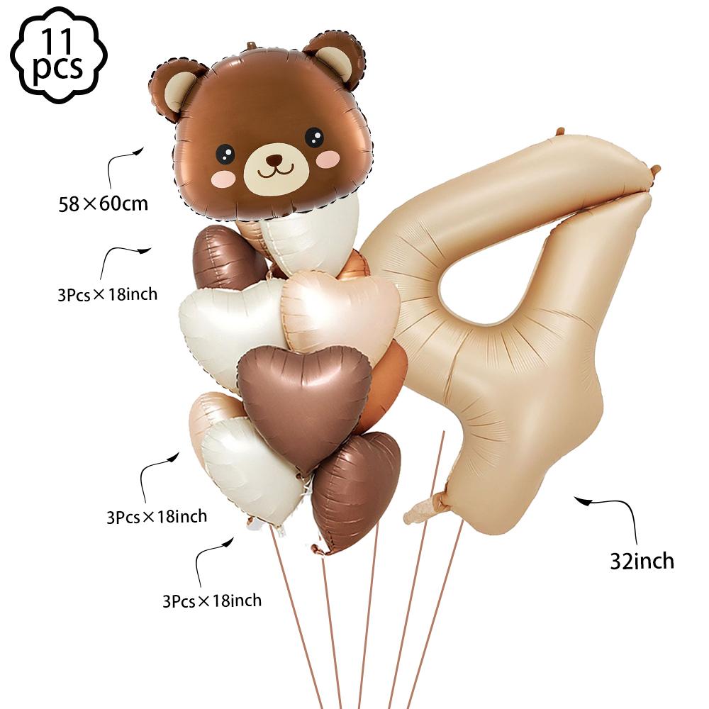 Coffee Brown Teddy Bear Balloon Number Heart Balloon Set Kid Birthday Party Decoration Baby Shower Wedding Valentine's Day Decor