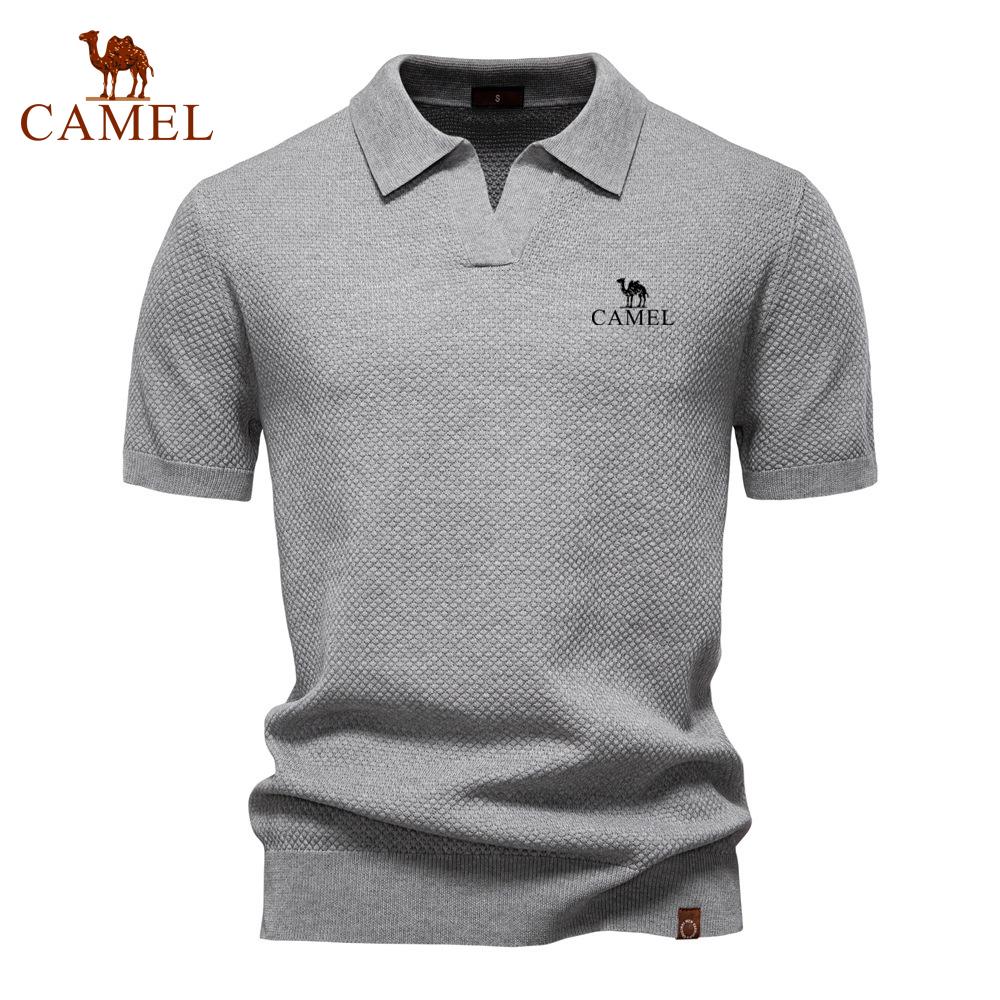 Camel Summer Embroidery Large Pineapple Pattern Woolen Polo Sweater for Men's Business, Seagull Collar, Men's Short Sleeve Sweater