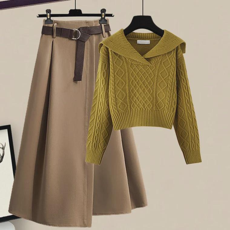 Navy Collar Retro Japanese Lazy Style Sweater & Skirt Set - Autumn 2024 Collection.