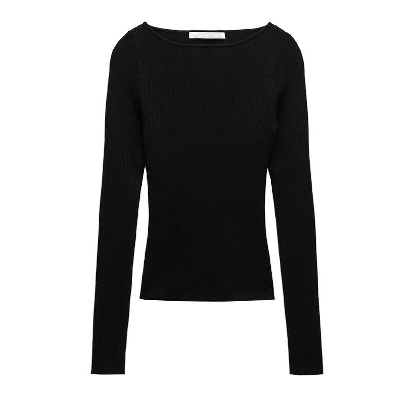 Basic Straight-leg Silm off-Neck Long Sleeves Rib Sweater