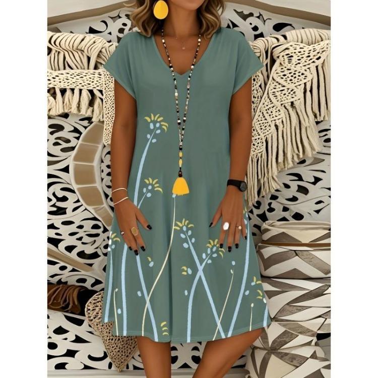 Summer Floral Dress Women V Neck Short Sleeve A Line Casual Beachwear Breathable Fabric S