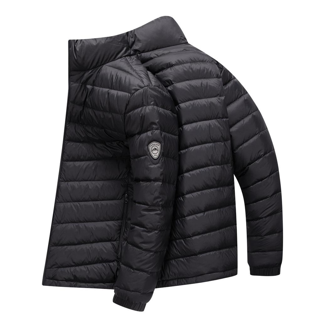 Men's Lightweight Stand Collar Down Jacket - Warm Short Ribbed Style for Autumn/Winter.