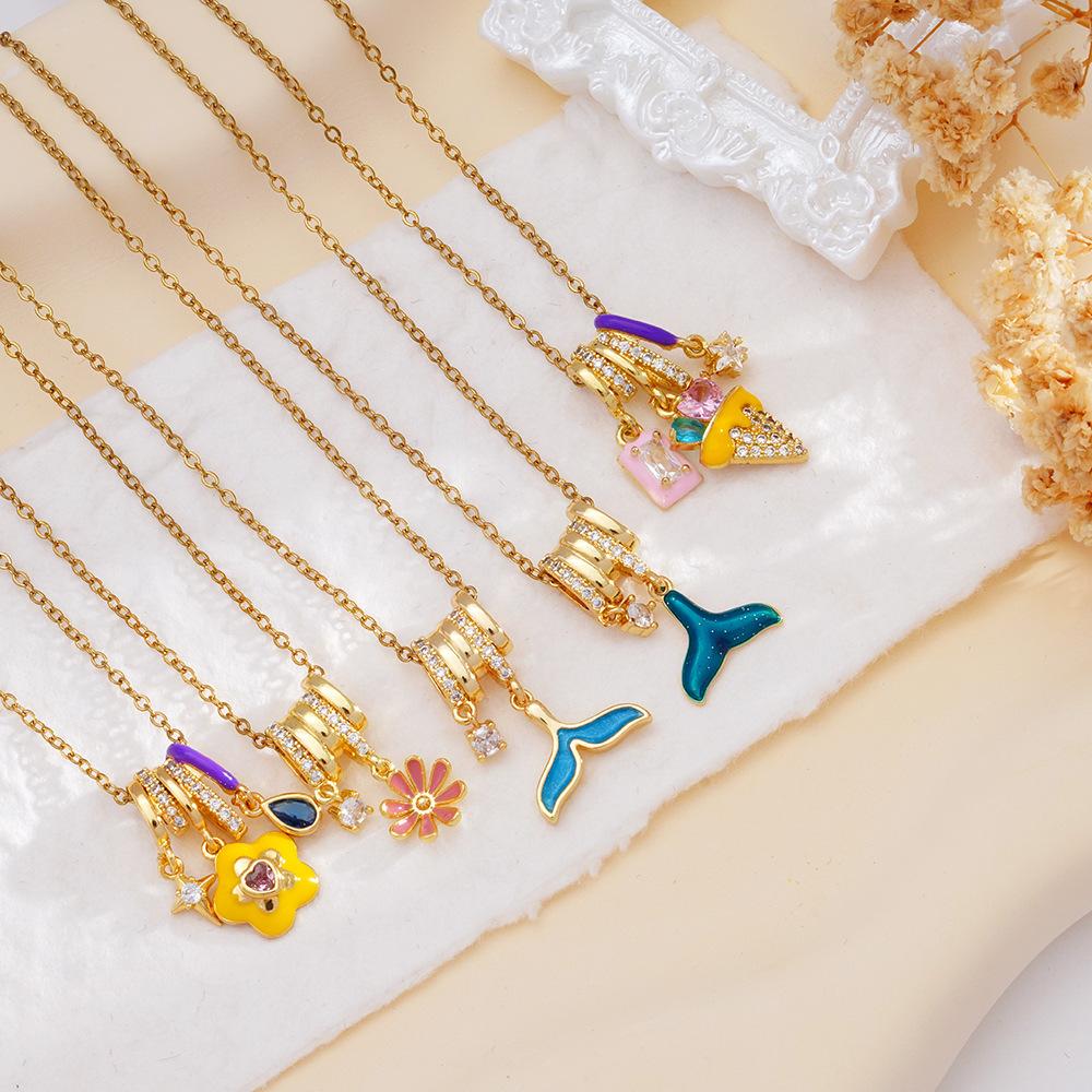 Fashion Zircon Daisy Fish Tail Ice Cream Charms Necklace for Women Girls Stainless Steel Chain Sweet Cute Jewelry Christmas Gift