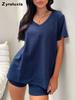 Short Sleeve Spring Summer New V-Neck Casual Temperament Solid Color Fashion Set Women
