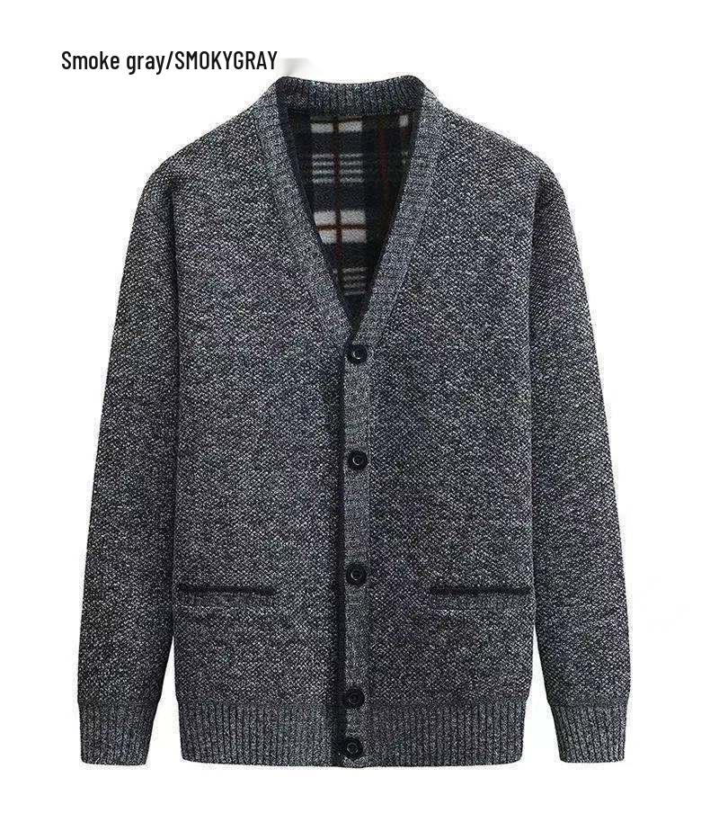 Men's Winter Thickened V-Neck Plus Velvet Sweater Cardigan for Middle-Aged & Elderly