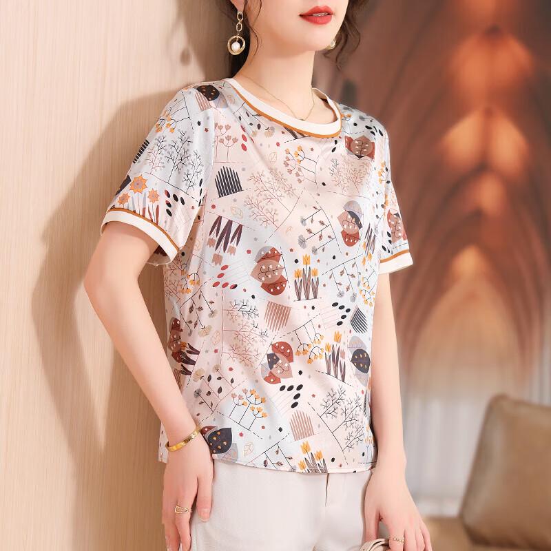XUEXI Women s Summer Printed Mulberry Silk Short Sleeve Top L