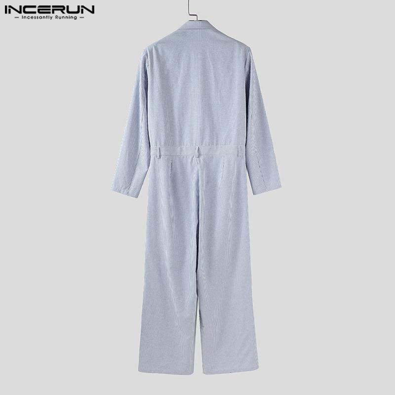 INCERUN Oversized Men Lapel Neck Long Sleeve Striped Loose Long Rompers Jumpsuits