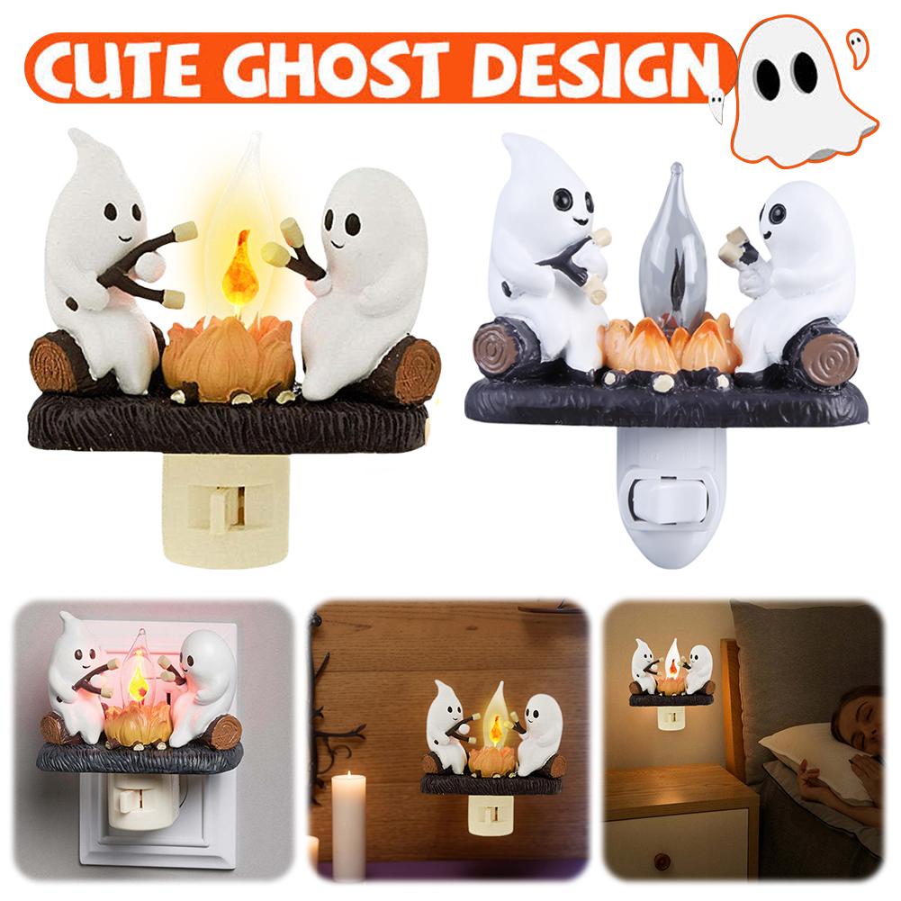 2025 Ghost Campfire Flickering Nightlight 2 Ghosts Roasting Plug Wall Spooky Fire Marshmallow Night Light for Halloween Decor