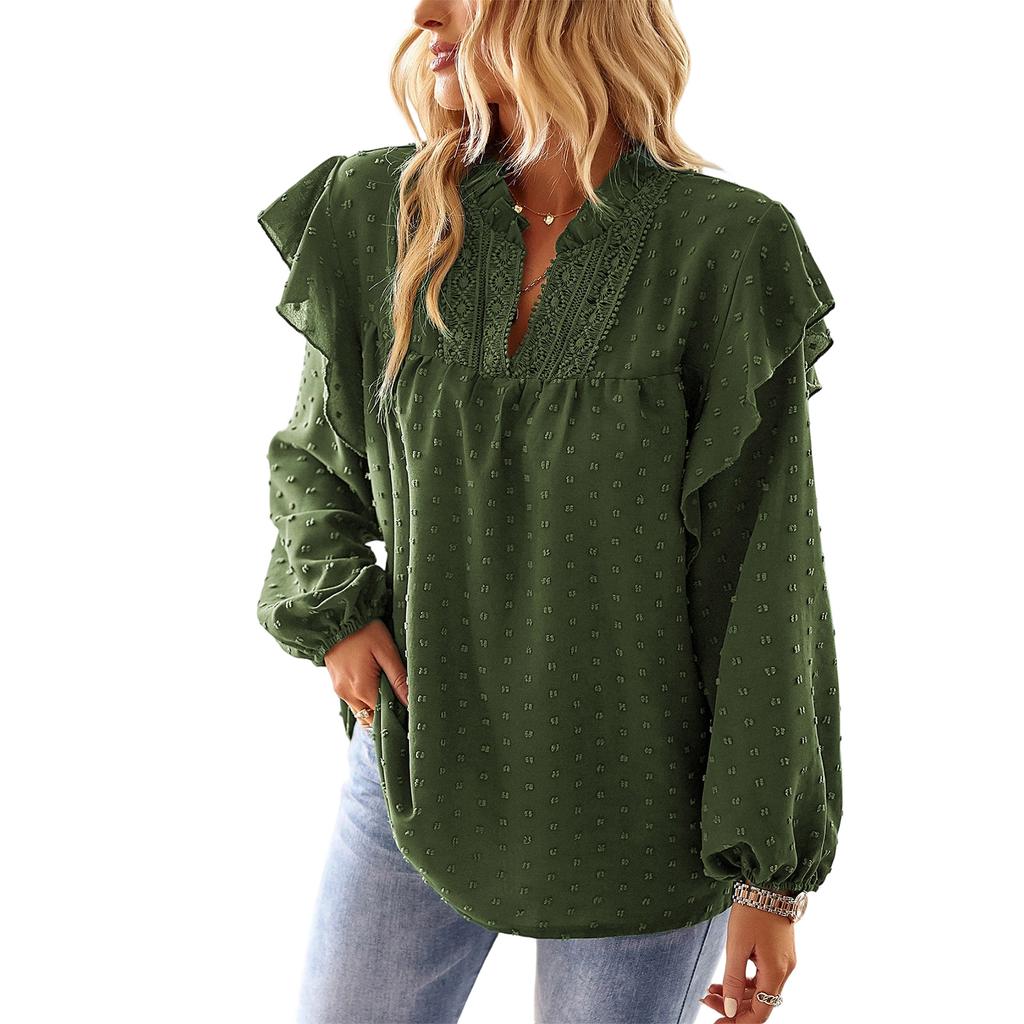 Women's V,Neck Lace Patchwork Blouse With Ruffled Sleeves