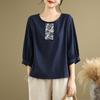 Korean Style Embroidered Cotton Linen Round Neck Mid-Sleeve Plus Size Women's T-Shirt
