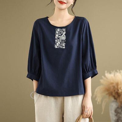 Korean Style Embroidered Cotton Linen Round Neck Mid-Sleeve Plus Size Women's T-Shirt