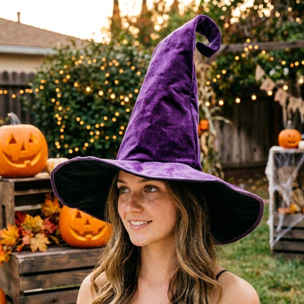 Samt Halloween Hexenhut Breiter Rand Hexenkostümhut Gebogene Spitze Hoher Hexenhut Feierparty