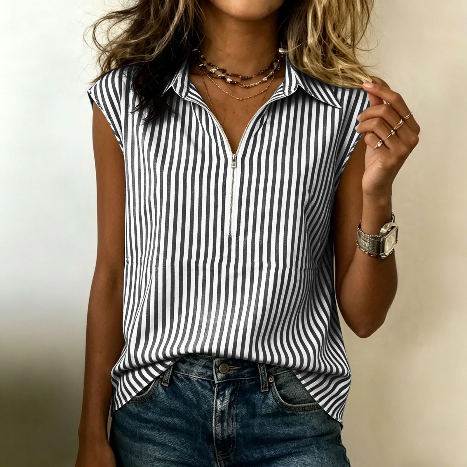 Women s Striped Half , Sleeveless V Neck Vest Blouse, Casual Summer Tunic with Zipper L