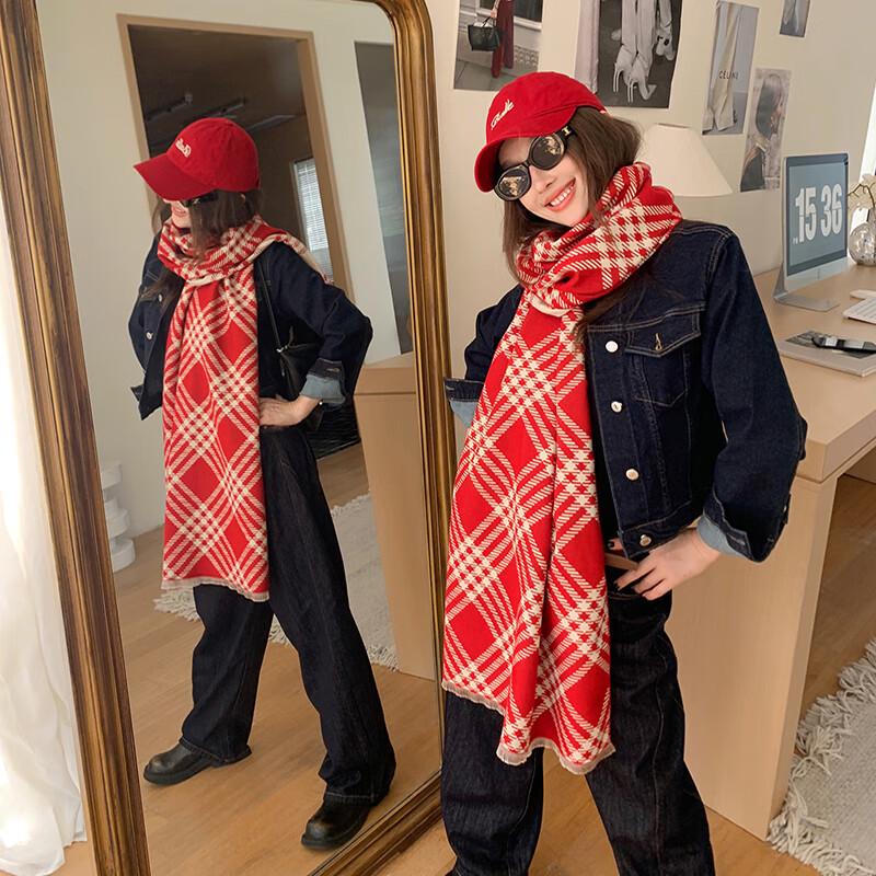 VICTORIA&VERA Large Plaid Fringed Shawl Scarf