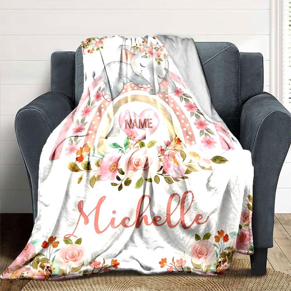 Cute Baby Elephant With Floral Rainbow And Personalized Design Throw Customizable Blanket Personalized Name Soft Cozy Perfect For Sofa Couch Office