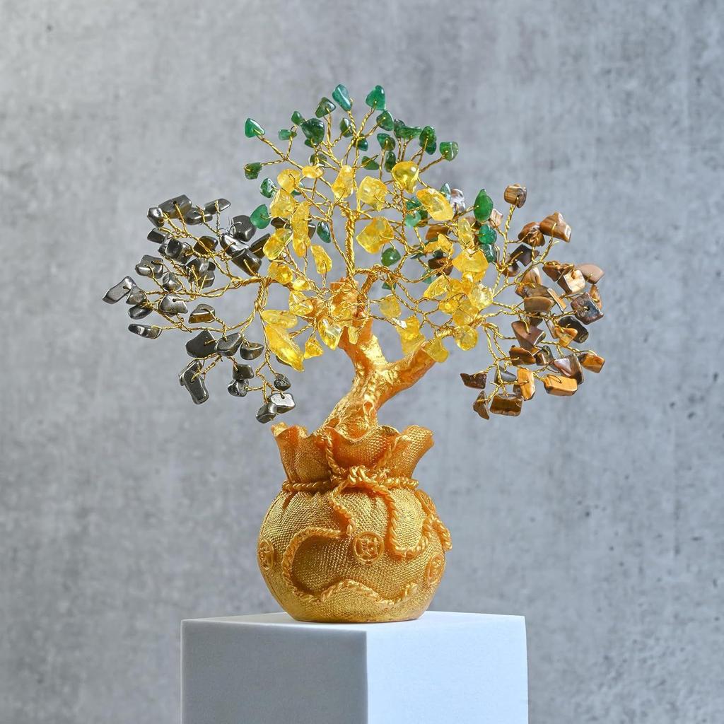 Money Magnet Crystal Tree Pyrite, Green Aventurine, Citrine, Tiger Eye Tree of Life Bonsai - Feng Shui Gold Crystal Ornaments for Prosperity