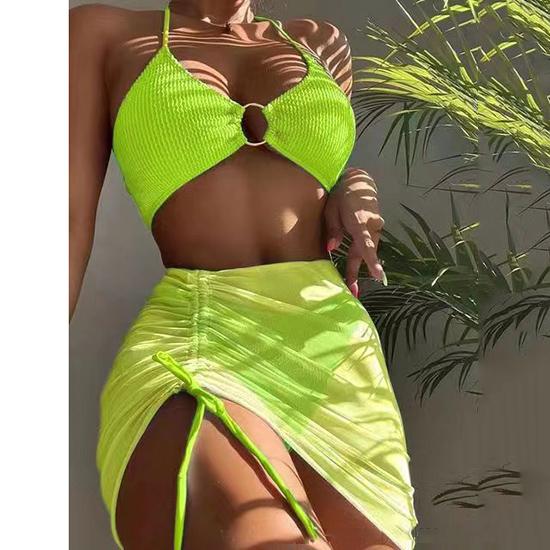 Maiô feminino estilo europeu-americano dividido, cor sólida, cor sólida, sexy, pescoço, pendurado, três peças, biquíni, moda praia