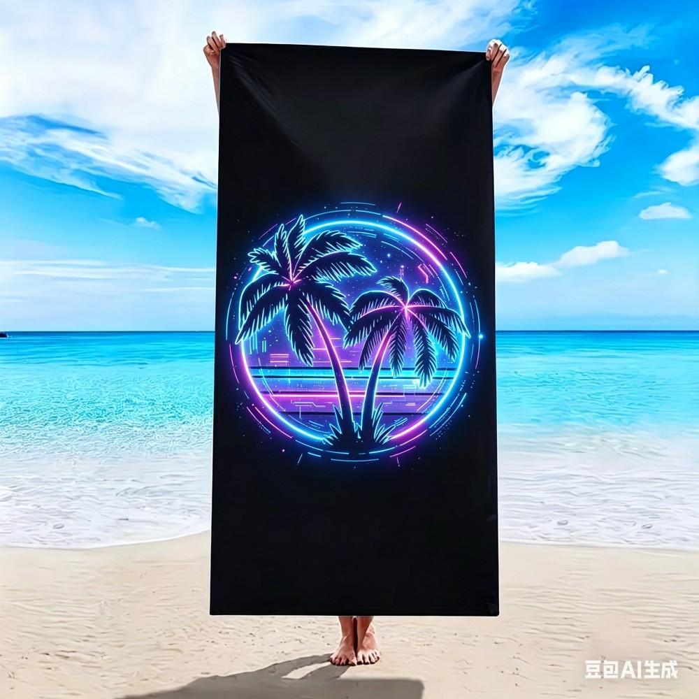 Retro Sunset Palm Tree Beach Towel Large Soft Absorbent Shower Towel Summer Seaside Pool Party Sunbathe Blanket Black Style