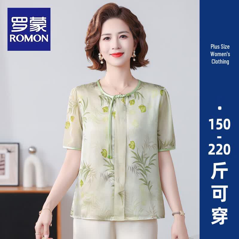 ROMON New Chinese Style Plus Size Short Sleeve T-Shirt for Women 2XL