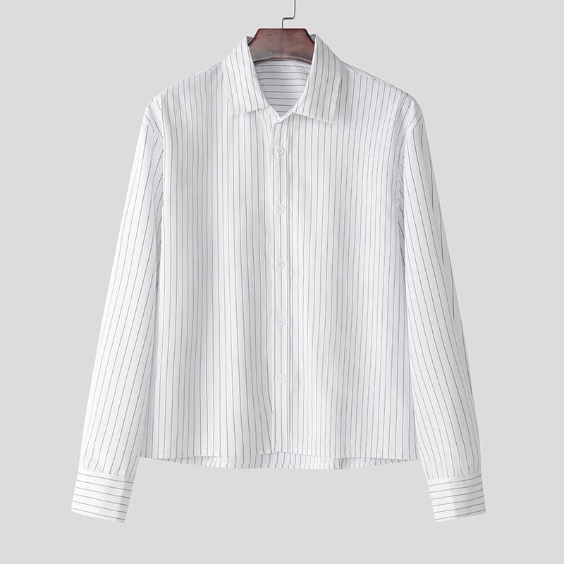 2026 Spring and Autumn New Men's Long-Sleeve Striped Shirt, Loose Short Base Shirt