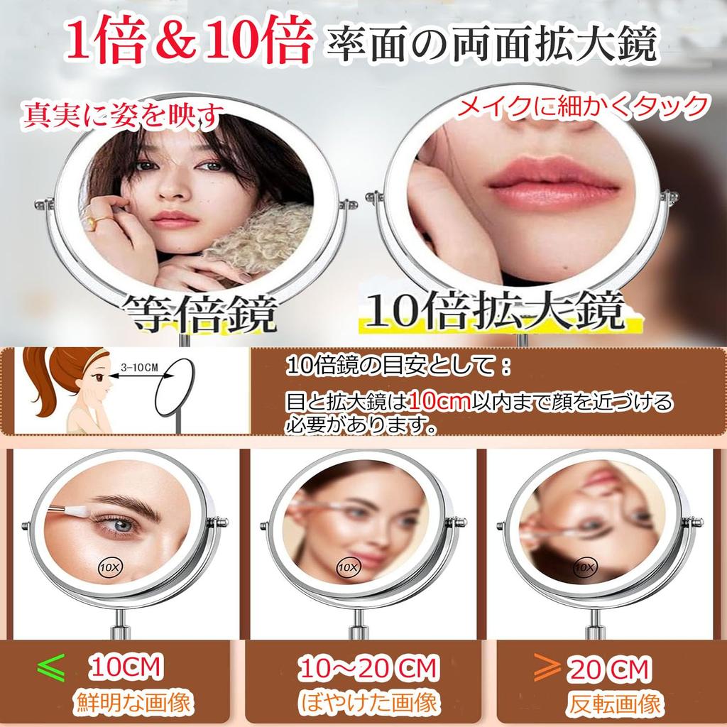 ARREBOL Magnifying Height Tabletop USB 10x Makeup Mirror with LED Stand 10x and 1x Magnification 3 Brightness Stepless Popular Day Gift Wide X 38cm