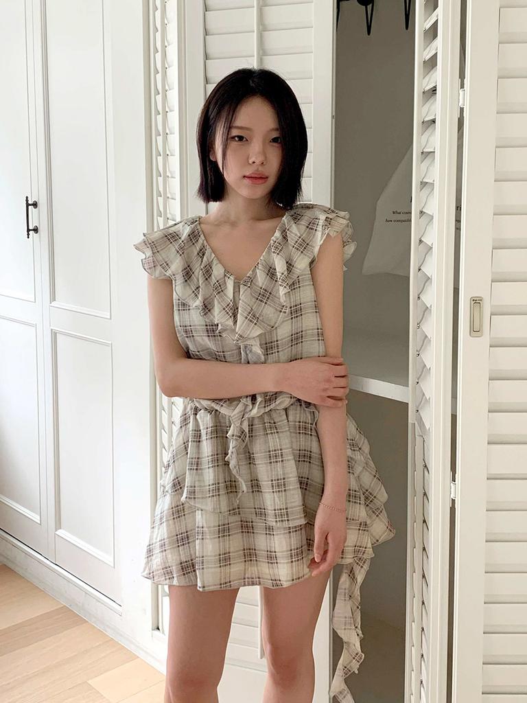 Cool Kitten Check Ribbon Lace Layered Mini Dress 2 Colors