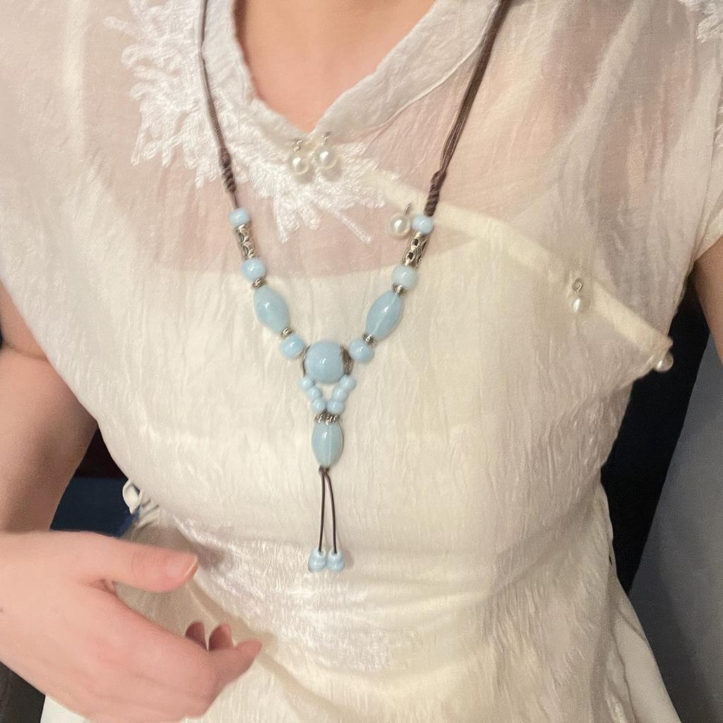 Painted ceramic fish necklace, Bohemian style woven rope necklace, women's vintage high-end beaded clavicle chain
