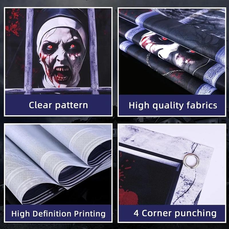 2-Piece Halloween Zombie Ghost Decor Bloody Window Scary Backdrop Outdoor Horror Hanging Cloth Spooky Party Supplies