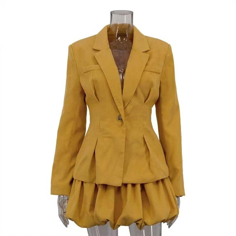 

Western Style Fashion Blazers Pleat Pettiskirt Two-piece Set Suit Jacket and Skirt Set Yellow S
