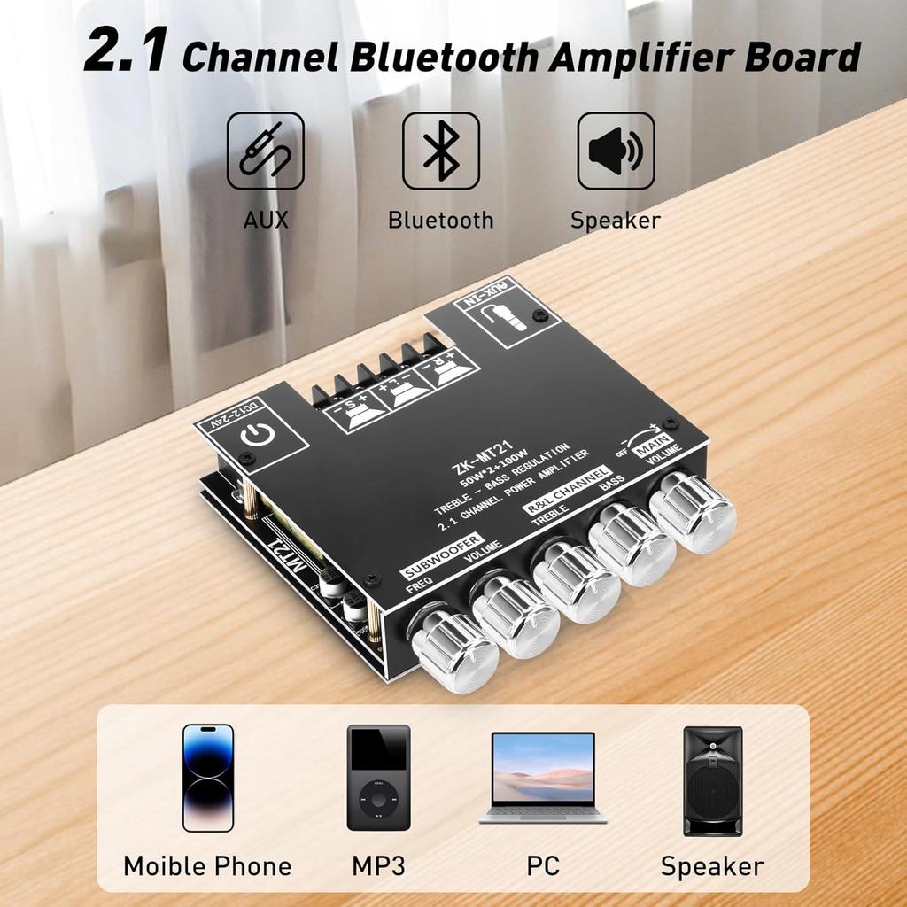 ZK-MT21 Subwoofer Amplifier 2x50W+100W Power Bluetooth 5.0 2.1 Channel Sound Amplifier Board Bass AMP AUX Audio Stereo Amplifier