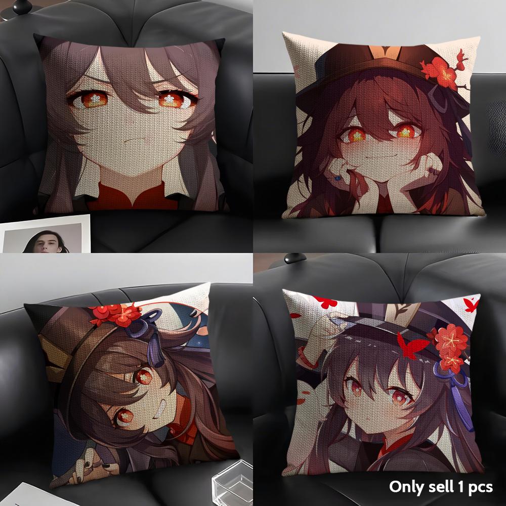 Cute Hu Tao Genshin Impact Cushion Cover Natural Linen Organic Fabric Double-Sided Printing Sofa Home Decor Gift Pillow Case