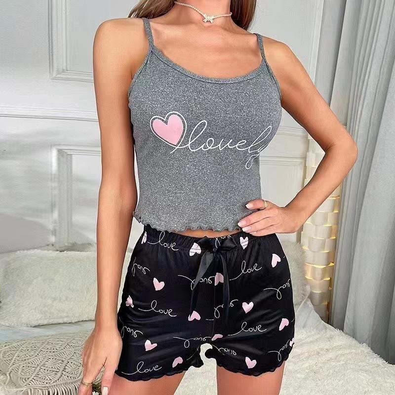 Sommer Damen Milchseide Ärmelloses Camisole Shorts Pyjama-Set mit Herzprint Lässige Nachtwäsche Zweiteiliges Set