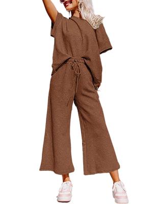Womens Two Piece Loungewear Set Short Sleeve Top and Drawstring Cropped Pants