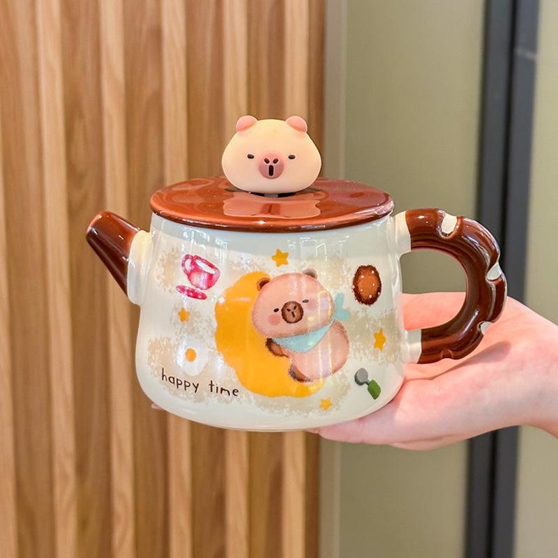 ins high-value cute kapibara kettle boy and girl couple ceramic mug with lid spoon birthday gift