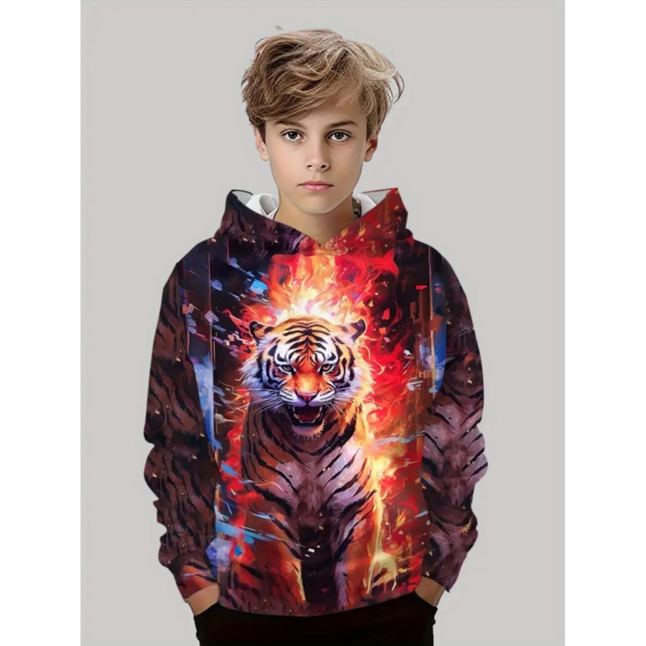 

Animal Hoodie Cool Tiger Pattern 3D Print Tops Autumn Fashion Loose Pullover Long-Sleeve Hoodie Comfort Children s Clothing Boy 5-6Y