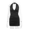 Sommer V-Ausschnitt Neckholder Neckholder trägerlos sexy schlicht plissiertes Kleid