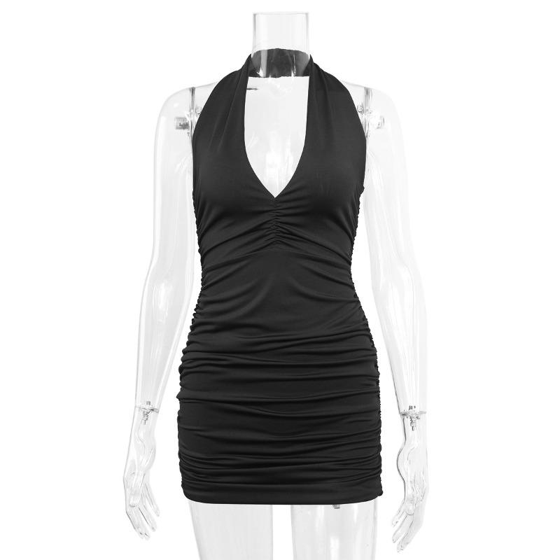 Sommer V-Ausschnitt Neckholder Neckholder trägerlos sexy schlicht plissiertes Kleid