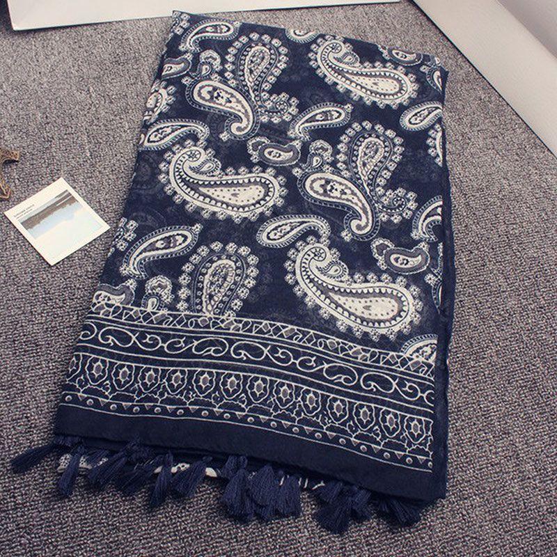 Retro Ethnic Style Scarf Versatile Sunscreen Shawl Handmade Tassel Navy Blue Printed Yarn Navy Blue Paisley Print Scarf, Bohemian Tassel Edge Shawl One size fits all