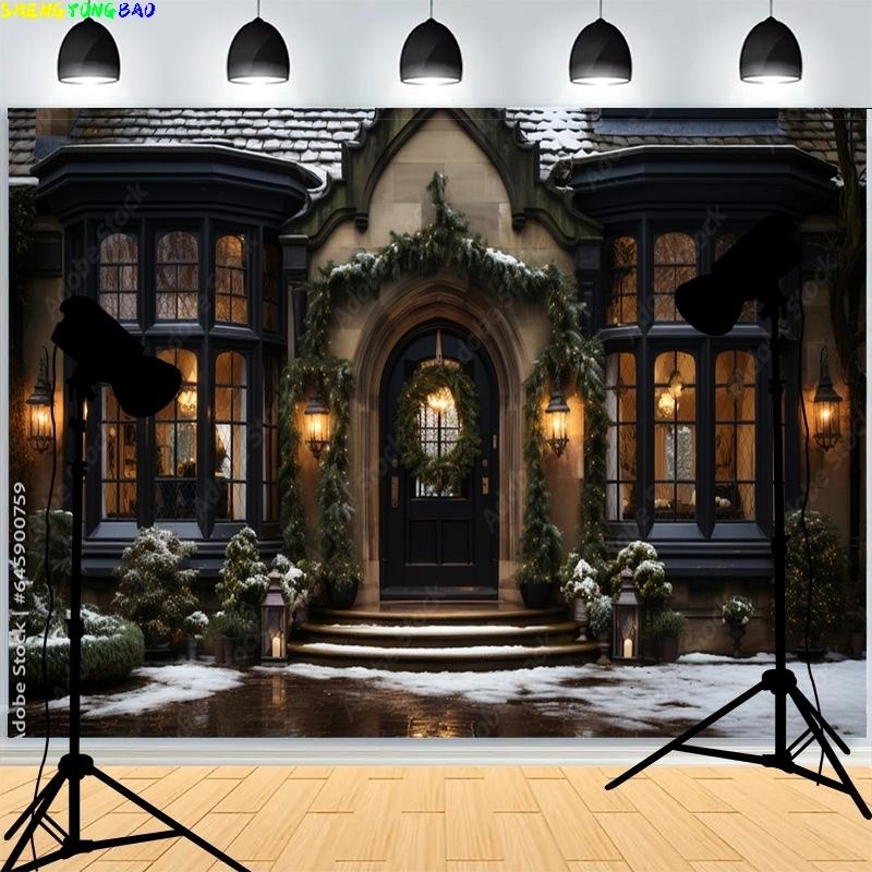 Front Door Window Christmas Day Wreach  Photography Backdrops New Year Living Room Portrait Holiday Party Photo Background DD-12