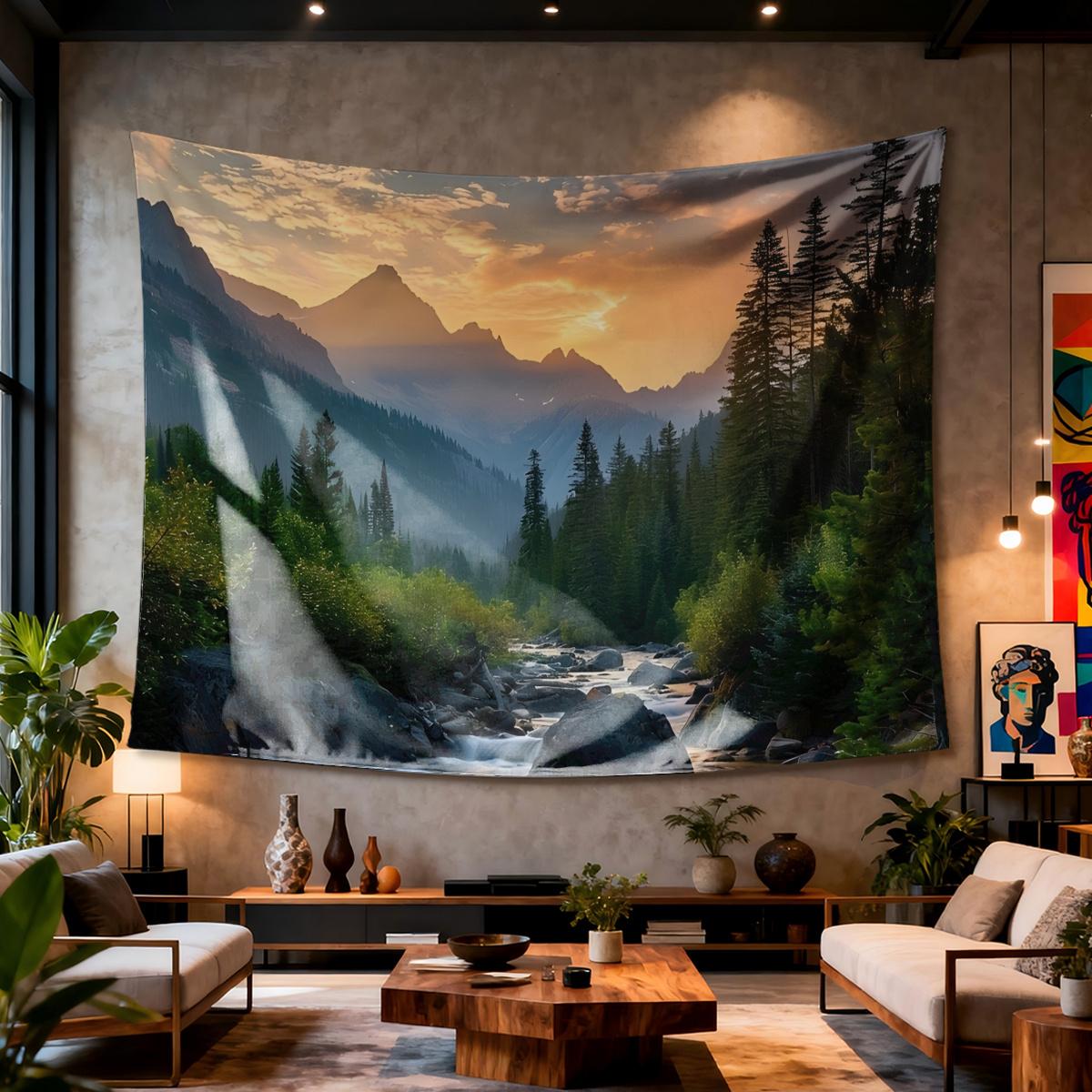 

Mountain Valley Scene Tapestry Sunlit Forest Waterfall Nature Landscape Polyester Fabric for Bedroom or Dorm Decor 74x94cm(29x37in)