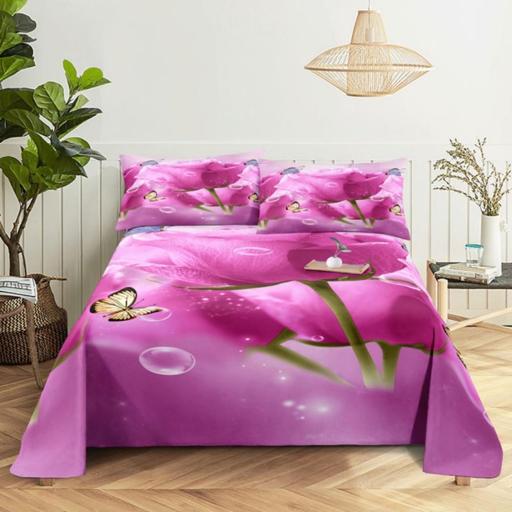 Pink Rose Bed Sheet Sets 3D Print Flowers Bed Flat Sheet for Women Girls King Queen Full Twin Size 2/3pcs Bed Linen Room Decor